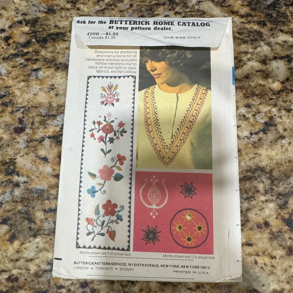 Vintage Butterick 4106 Embroidery Transfers Ethnic Floral Motifs One Size
